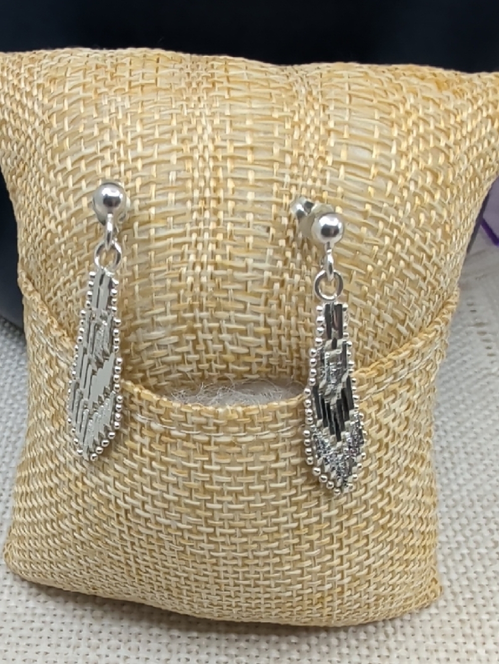 Vintage 925 Italy Sterling Silver Woven Mesh Geometric Drop Earrings Ball Stud - Picture 7 of 17